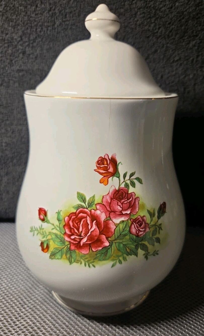 White ceramic lidded jar with hand-painted roses and gold trim 9.5 In